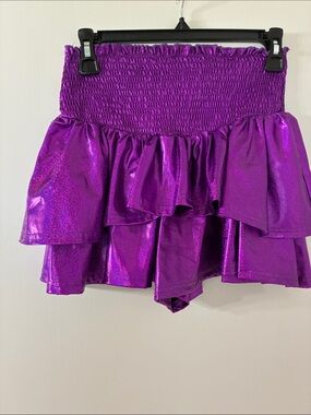 Peach Love California Purple Metallic Smocked Ruffle Mini Skirt